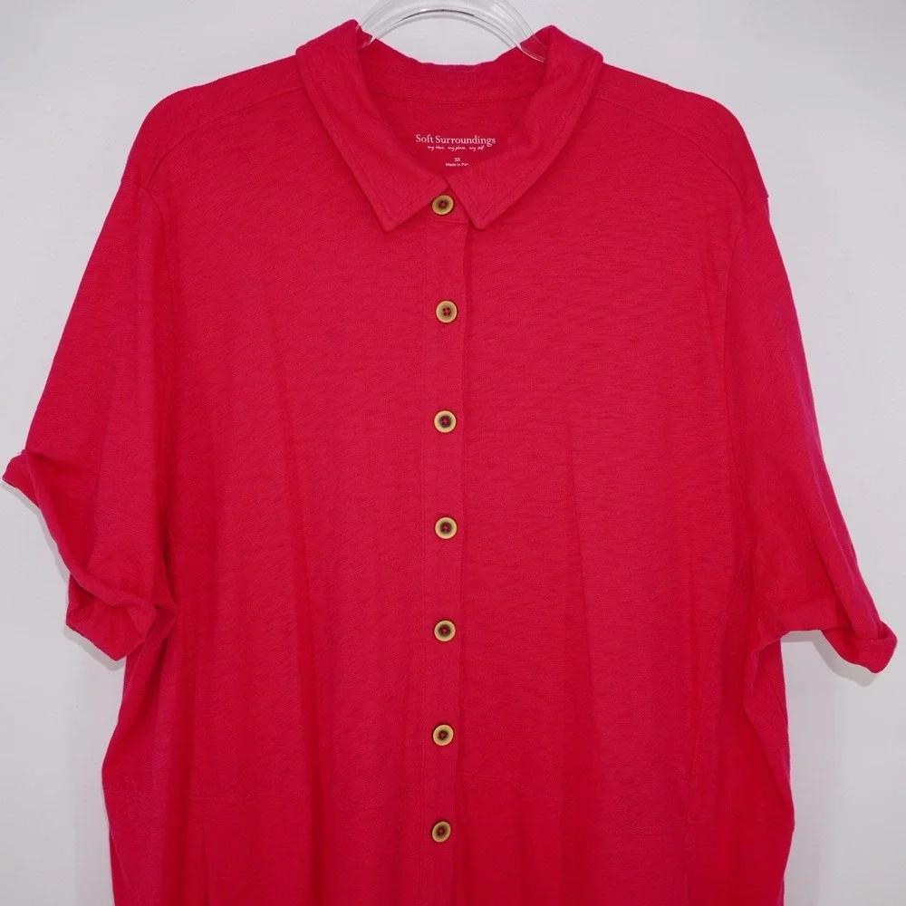 Soft Surroundings Womens 3X Button Down Hot Pink Dress‎ Short Sleeve Lagenlook